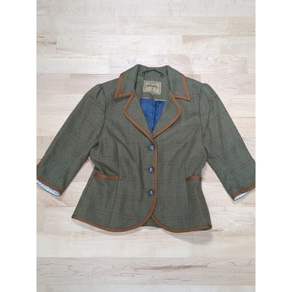 Dubarry Wool Tweed Equestrian Herringbone Blazer Jacket 3/4‎ Sleeve Green Tan 36